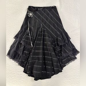 Vintage Tricotto Black Asymmetrical Ruffle Maxi Skirt with Lace Detail M